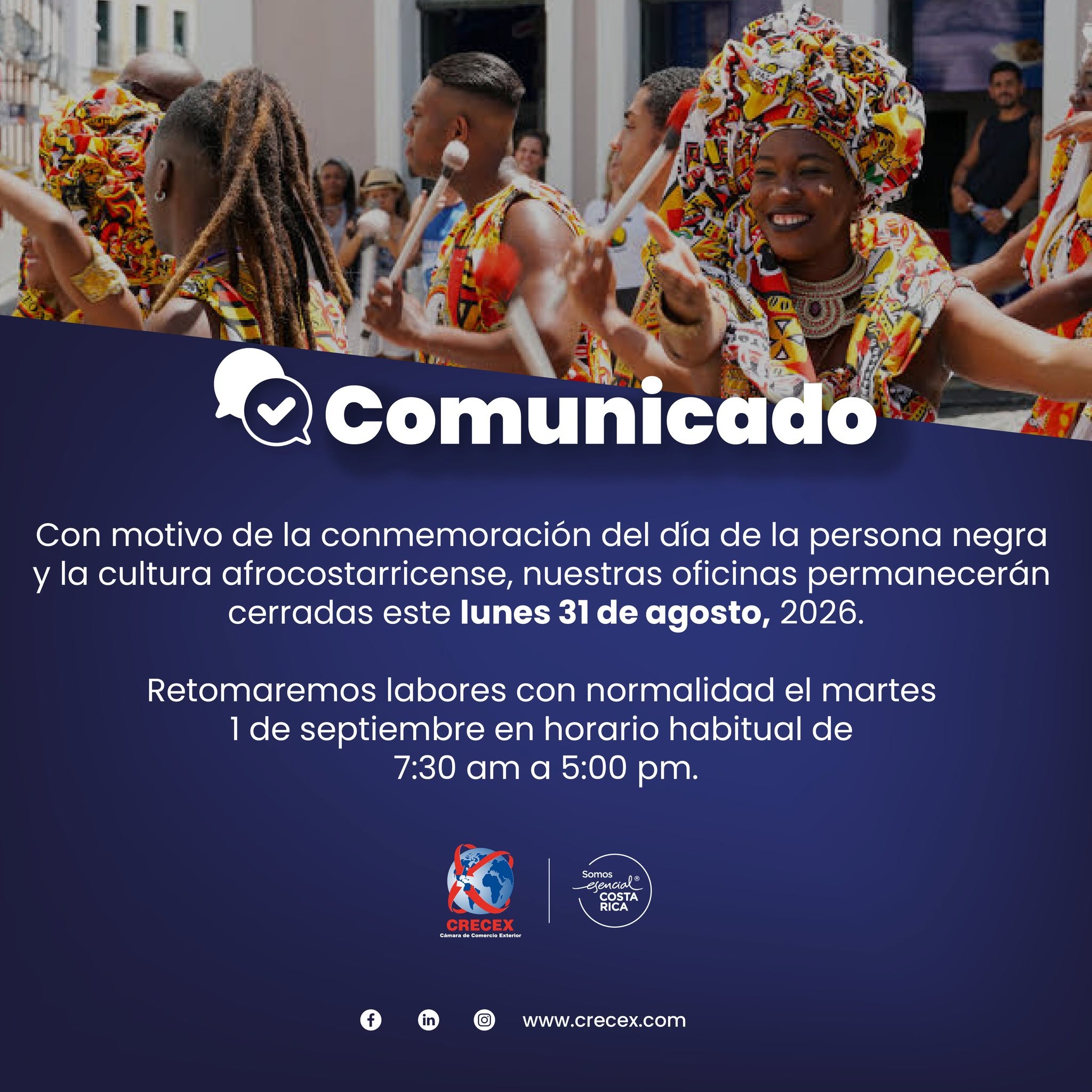 Comunicado de CRECEX sobre cierre de oficinas el 31 de agosto de 2026 por el Día de la Persona Negra y la Cultura Afrocostarricense.