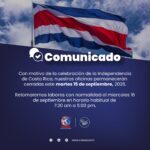 Comunicado de CRECEX sobre cierre de oficinas el 15 de septiembre de 2026 por la Independencia de Costa Rica