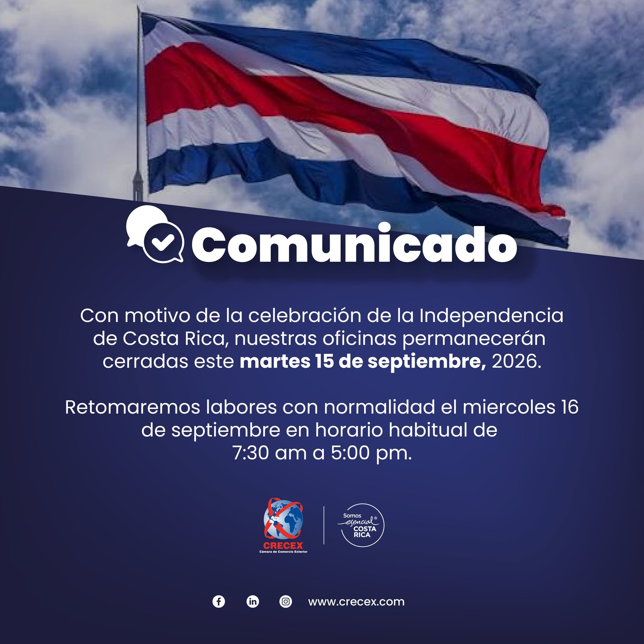 Comunicado de CRECEX sobre cierre de oficinas el 15 de septiembre de 2026 por la Independencia de Costa Rica