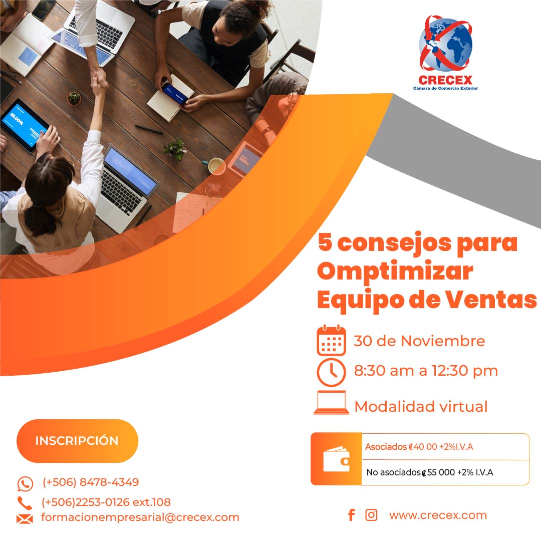 Capacitación 5 Consejos para Optimizar el Equipo de Ventas de CRECEX, 30 de noviembre de 2026, modalidad virtual.