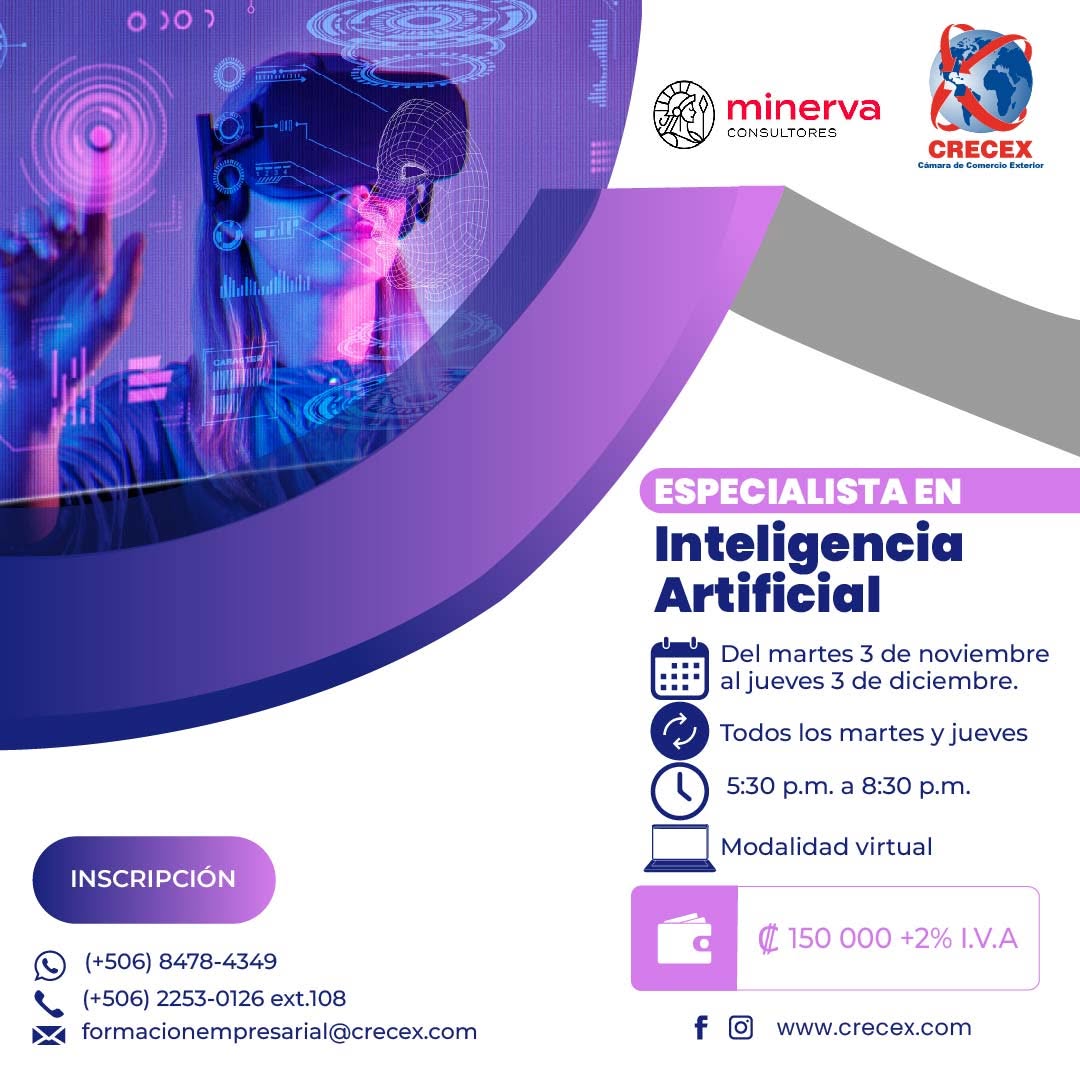 Programa Especialista en Inteligencia Artificial de CRECEX y Minerva Consultores, del 3 de noviembre al 3 de diciembre de 2026.