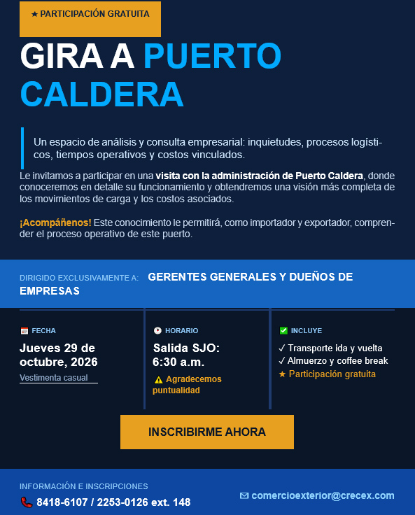 Gira a Puerto Caldera 2026 organizada por CRECEX, visita empresarial sobre procesos logísticos y operaciones portuarias, 29 de octubre.