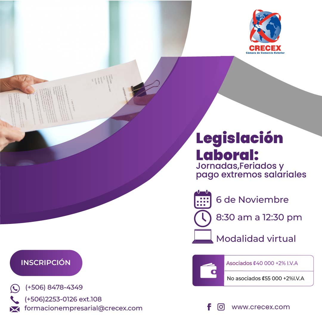 Capacitación Legislación Laboral: Jornadas, Feriados y Pago de Extremos Salariales de CRECEX, 6 de noviembre de 2026, modalidad virtual.